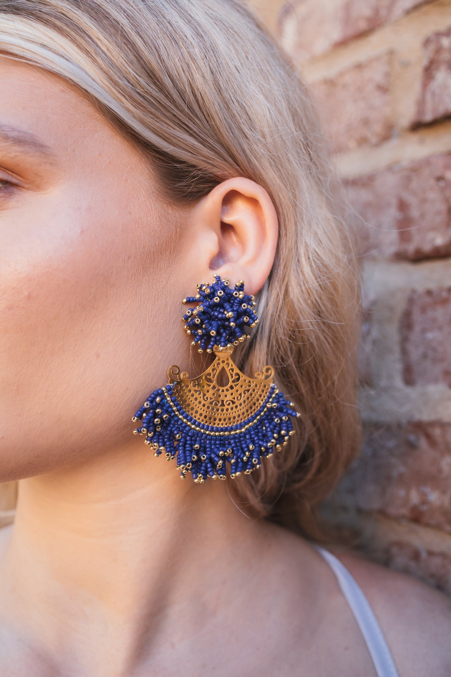 Chandelier Blue Earrings featuring 24K gold-plated stainless steel, Checca beads, and coral weaving design