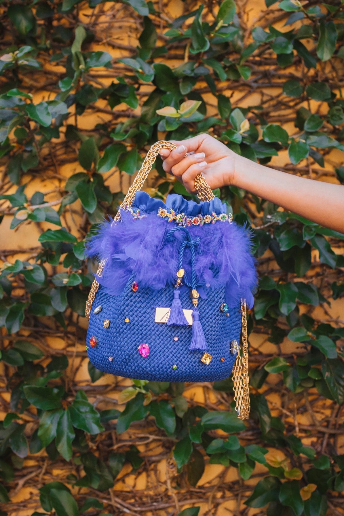 Ella Straw Bucket Bag with crystal detailing and 18k gold hardware, made from 100% Iraca palm