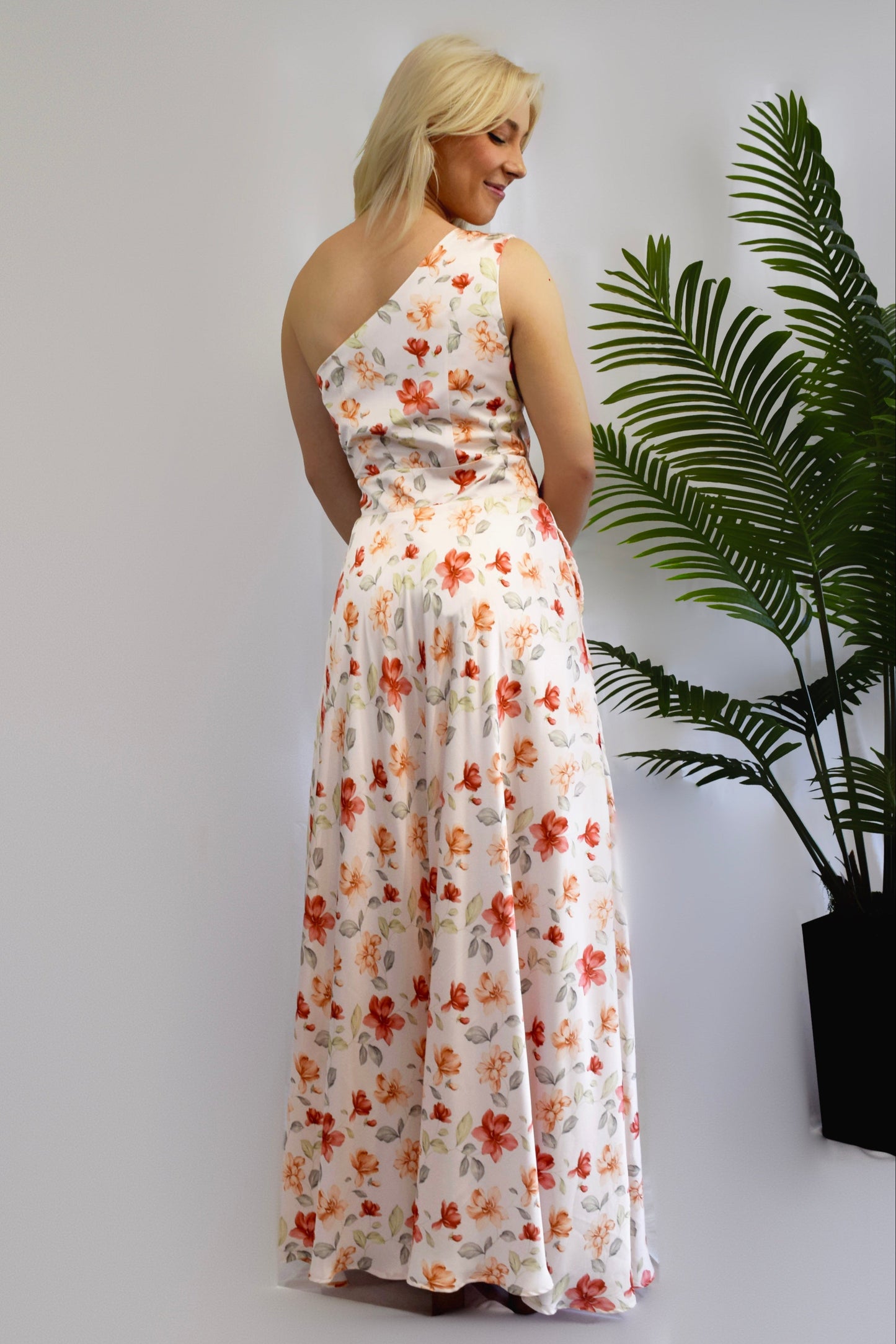 One shoulder floral dress back